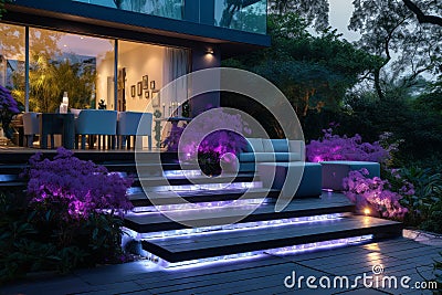 Spacious Illuminated staircase backyard terrace. Generate Ai Stock Photo