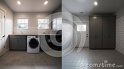 Spacious laundry room in a modern home, classic American interior, washing machine and gray cabinets. A combination of Stock Photo