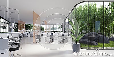 Spacious light and lighted office with work desks and glass partitions between Stock Photo