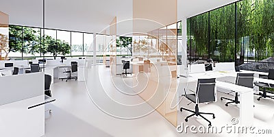 Spacious light and lighted office with work desks and glass partitions between Stock Photo