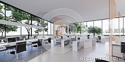 Spacious light and lighted office with work desks and glass partitions between Stock Photo