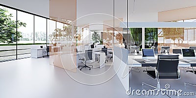 Spacious light and lighted office with work desks and glass partitions between Stock Photo