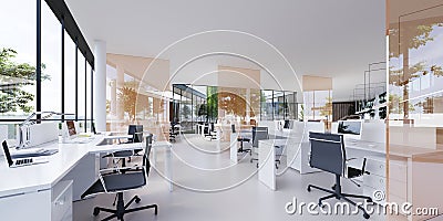 Spacious light and lighted office with work desks and glass partitions between Stock Photo