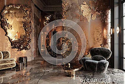 A spacious living room adorned with various furniture pieces and a sizable mirror reflecting the rooms ambiance Stock Photo