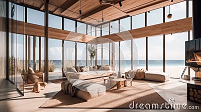 a spacious living room overlooking the ocean and sand dunes at dusk Stock Photo