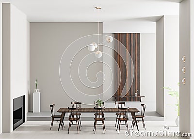 Spacious luxury dining room with fireplace. Minimalist modern dining room design. 3D illustration Cartoon Illustration