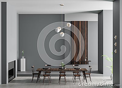 Spacious luxury dining room with fireplace. Minimalist modern dining room design. 3D illustration Cartoon Illustration