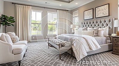 A spacious master suite with a soft grey carpet featuring a subtle diamond pattern creating a serene and inviting Stock Photo