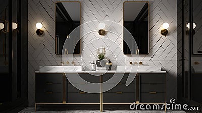 Spacious modern master bathroom with two sinks. Black glossy side walls, white tile front wall, large cabinet with Stock Photo