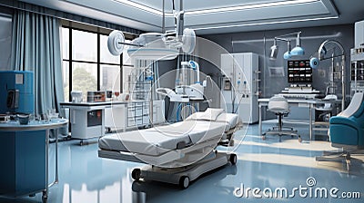 Spacious operating room with modern medical equipment in hospital. Interior of empty surgical theatre with operation table. Stock Photo