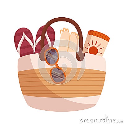 Spacious, Practical, And Stylish Beach Bag. Accessory For Carrying Towels, Sunscreen, Slippers, Sunglasses Vector Illustration