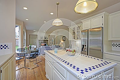 Spacious white kitchen interior with kitchen island. Stock Photo