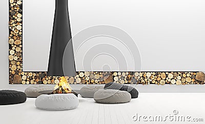 Spacious white living room with modern fireplace, lounge are Stock Photo