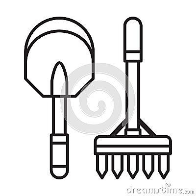Spade Shovel and Garden Rake Line Icon Cartoon Illustration