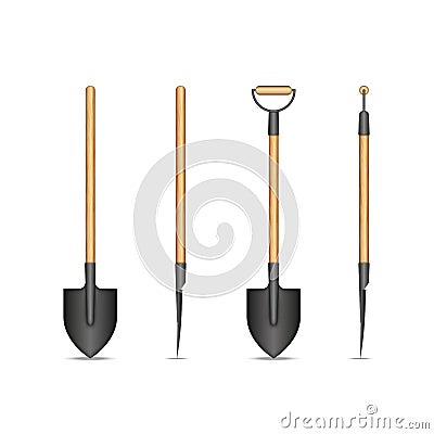 Spade shovel with wooden handle isolated on white, hand tool set 3d model realistic vector illustration Vector Illustration