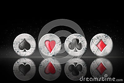 Spades, Herats, Diamonds and Clubs, vintage, grunge, stone poker chips, on a black background. Copy space. Reflection Poker Stock Photo