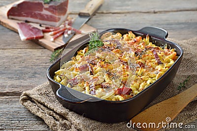 Spaetzle casserole with bacon Stock Photo