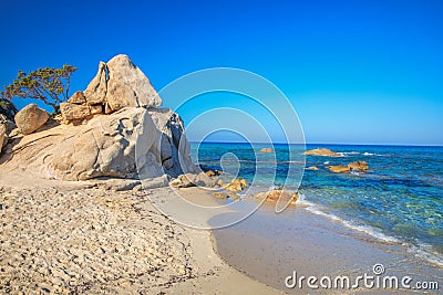 Spaggia di Santa Giusta beach with famous Peppino rock, Costa Rei, Sardinia, Italy. Stock Photo