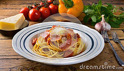 Spaghetti alla Amatriciana. Generated with AI Stock Photo