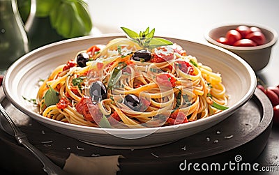 Spaghetti alla Puttanesca Elevated with Tomatoes, Olives, Capers, and Italian Flat-Leaf Parsley, Crafted to Culinary Perfection Stock Photo