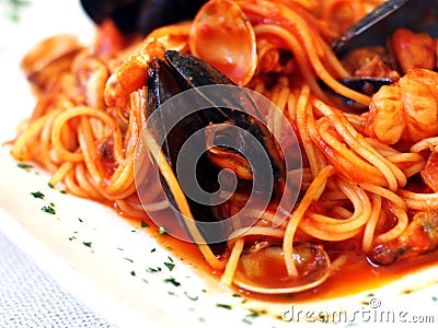 Spaghetti allo scoglio - Spaghetti with seafood Stock Photo