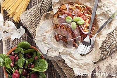 Spaghetti amatriciana italian basic food Stock Photo