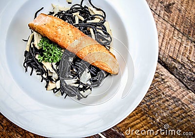 Spaghetti black with fish Stock Photo