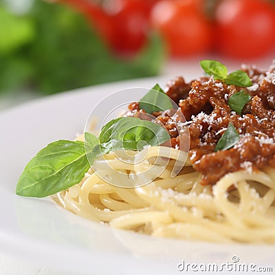 Spaghetti Bolognese noodles pasta meal with ground meat Stock Photo