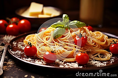 spaghetti bolognese, tomato, cheese, classic italian food closeup on a black plate Stock Photo
