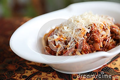 Spaghetti bolognese , Spaghetti with tomato sauce top with cheese , Italian Food Stock Photo