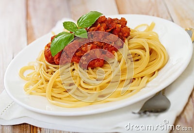 Spaghetti Bolognese on white plate Stock Photo