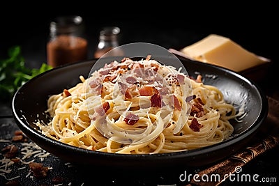 Spaghetti Carbonara with bacon and parmesan on black background Stock Photo