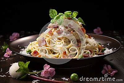 Spaghetti carbonara with bacon, parmesan cheese and green peas, cream sauce. dark background Stock Photo