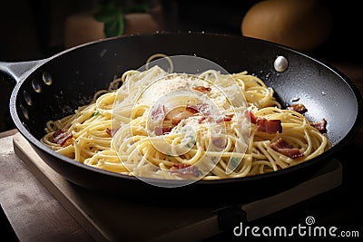 spaghetti carbonara being cooked in a skillet, with bacon and eggs frying Stock Photo