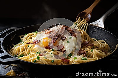 spaghetti carbonara being cooked in a skillet, with bacon and eggs frying Stock Photo