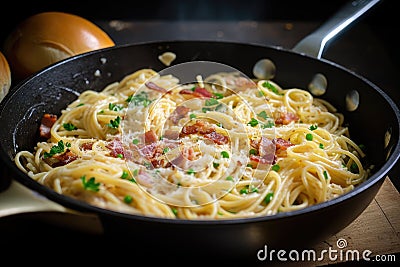 spaghetti carbonara being cooked in a skillet, with bacon and eggs frying Stock Photo