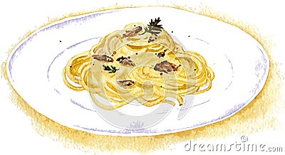 Spaghetti carbonara painting by watercolor Vector Illustration