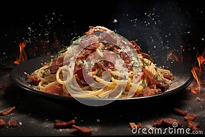 Spaghetti Carbonara On Stone Rustic Pub Wide Stock Photo