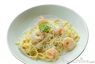 Spaghetti Carbonara or white cream sauce pasta with shrimp Stock Photo