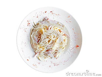 Spaghetti Carbonara on white dish Stock Photo