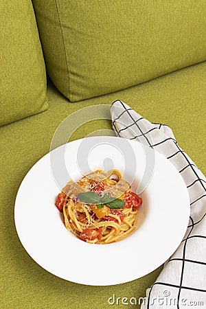 Spaghetti with cherry tomatoes. Stock Photo