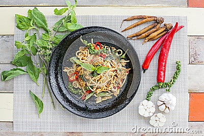 Spaghetti with clams, fried with chili paste Stock Photo