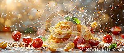 Concept Pasta Lovers, Italian Cuisine, Spaghetti Extravaganza A Symphony of Flavor in Flight Stock Photo