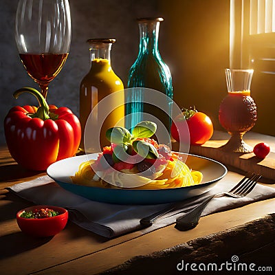 Spaghetti Italian cuisine in a dinner table. AI generated Stock Photo