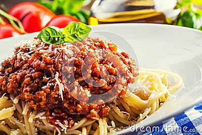 Spaghetti. Italian and Mediterranean cuisine. Spaghetti bolognese with cherry tomato and basil. Stock Photo