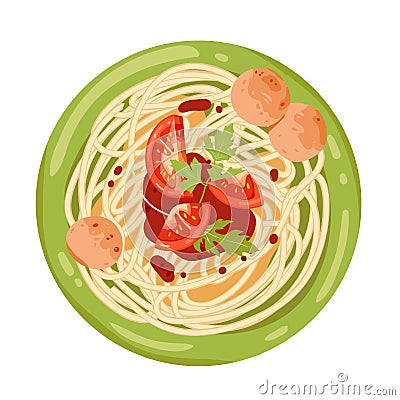 Spaghetti with meatballs on plate, top view of pasta with tomato sauce and balls Vector Illustration