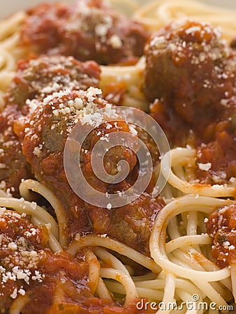 Spaghetti Meatballs sprinkled with Parmesan Cheese Stock Photo