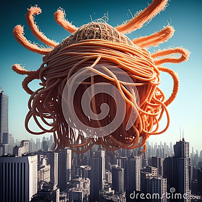 Spaghetti Monster Attacks, Generative AI Illustration Stock Photo