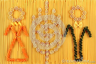 Spaghetti and pasta arrangement. Alimentary products concept. Stock Photo