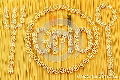 Spaghetti and pasta arrangement. GMO alimentary products concept Stock Photo